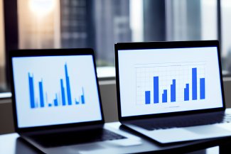 A laptop showing several histograms with blue bins. 