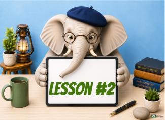 Illustration of a cartoon elephant presenting Lesson #2, symbolising learning and professional development