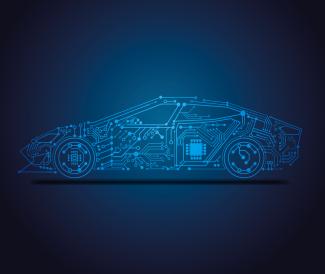 Stylised blue digital outline of a connected car on a dark background, representing automotive cybersecurity.