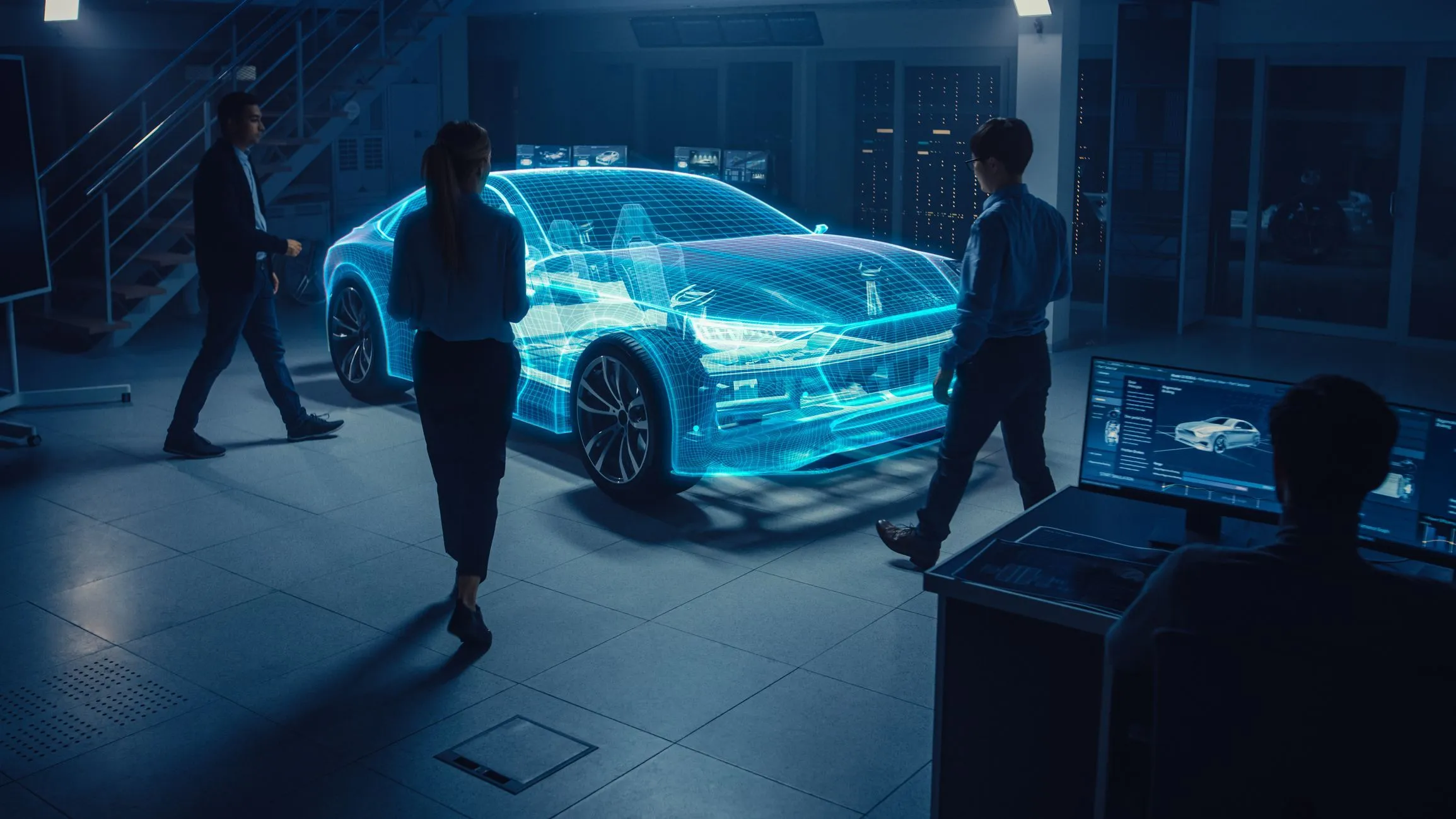 ngineers analyzing a digital twin model of a car in a laboratory environment