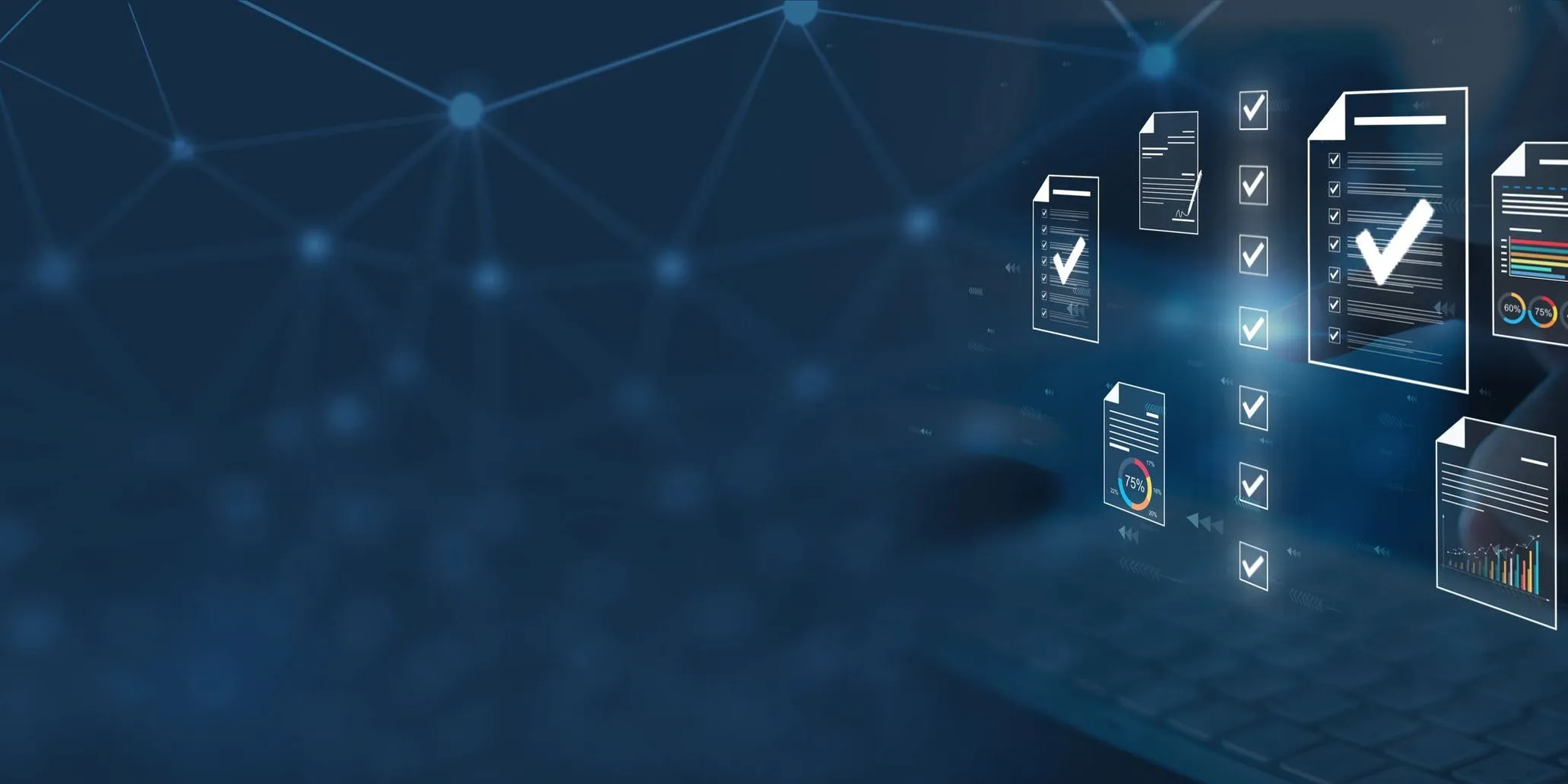 Digital compliance checklist and audit documents representing assessment, verification and process evaluation.