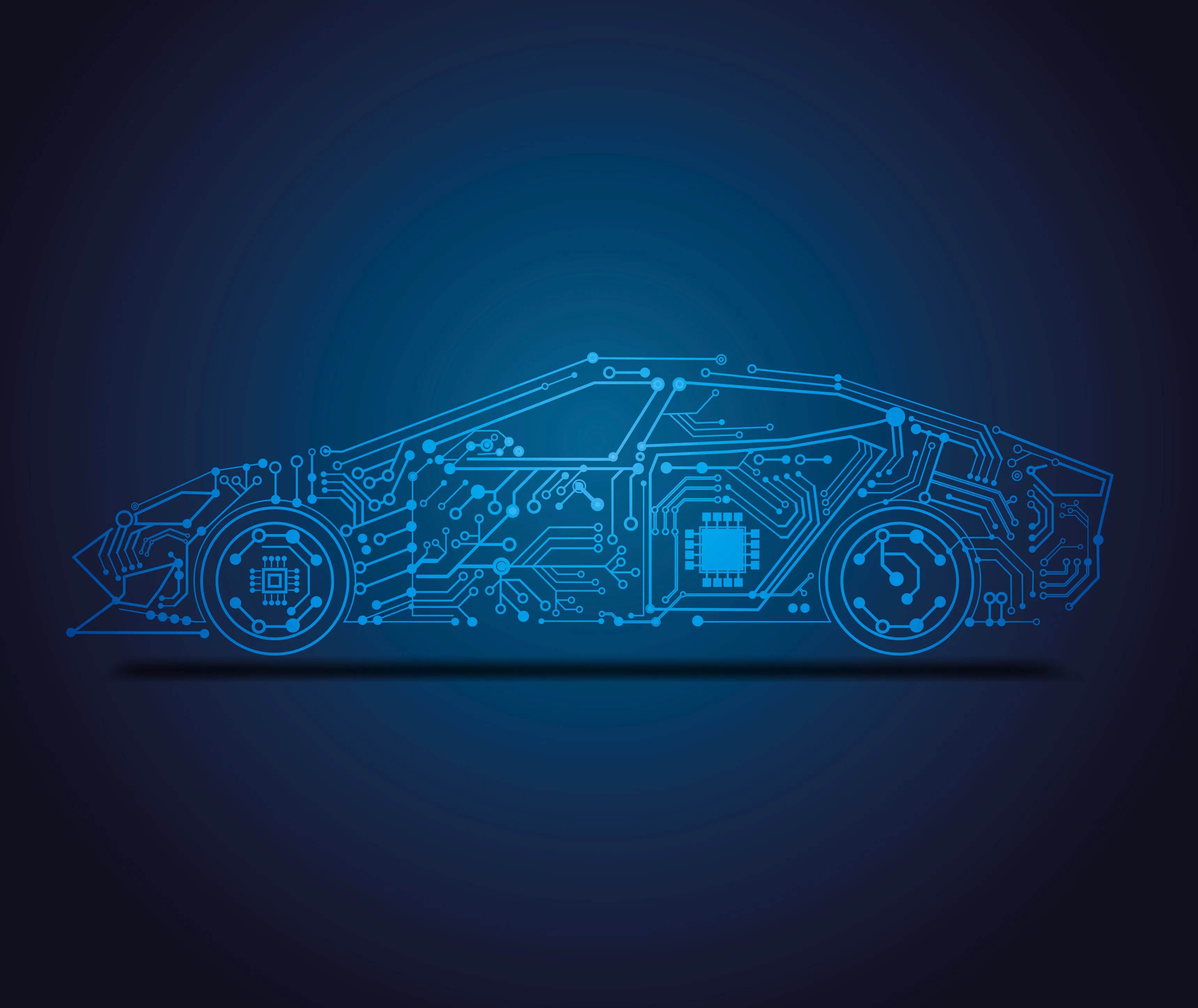 Stylised blue digital outline of a connected car on a dark background, representing automotive cybersecurity.