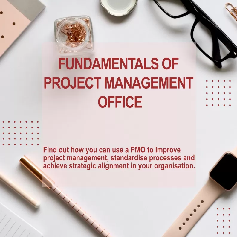 Text on pink paper on a white background, surrounded by small office supplies, about project management office training